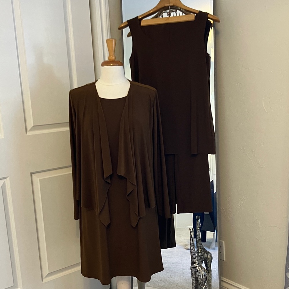Attitudes by Renee 4 Piece Brown Dress, Cardigan, Tank and Pants Ensemble